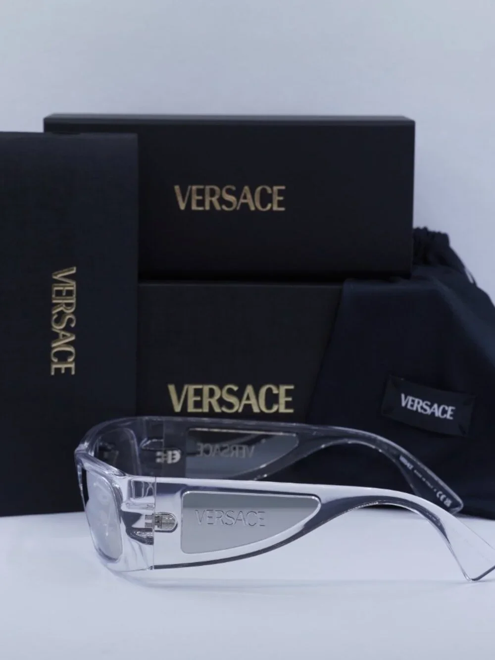 Versace VE4482 148/8V Rectangle Sunglasses – Transparent / Clear Mirror Silver